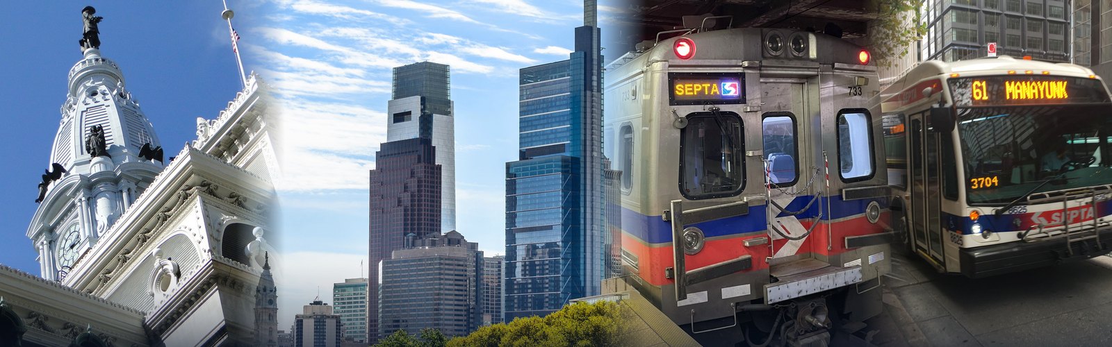 Philadelphia City Hall with the William Penn statue, the Center City skyline with the Comcast towers, a SEPTA Silverliner V train and a Route 61 bus